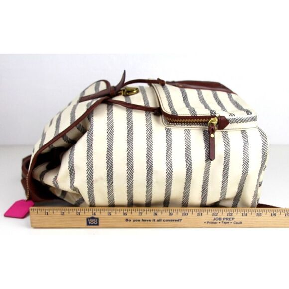 Fossil WHITE GRAY COATED CANVAS BROWN LEATHER TRIM HANDLES SHOULDER BAG BACKPACK - Picture 16 of 16